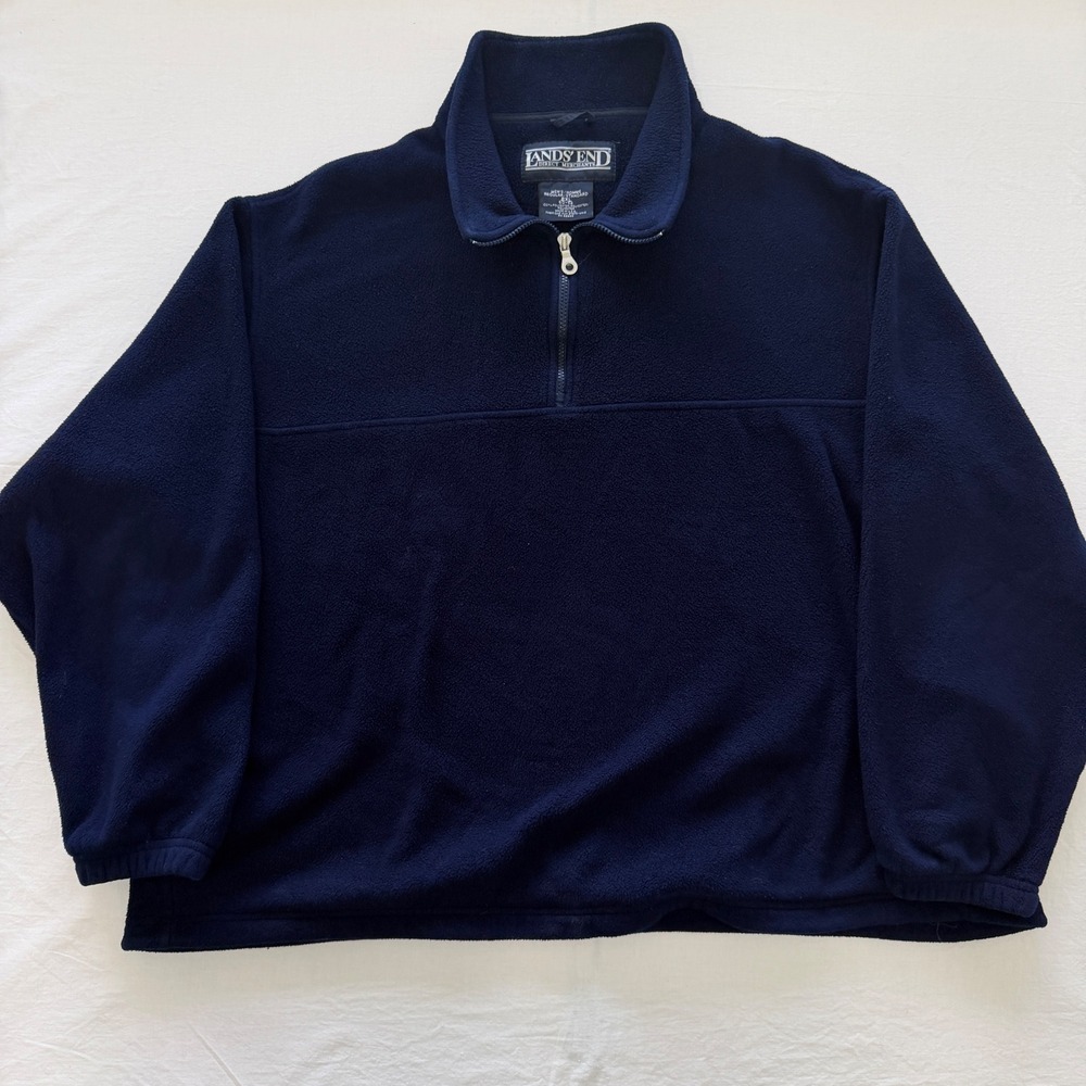 Vintage 90s Lands' End Men's 2XL Navy Blue Fleece Quarter Zip Pullover Made USA